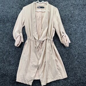 Zara Womens Blush Tan Drawstring Waist Dress Roll Tab Sleeve Size Medium